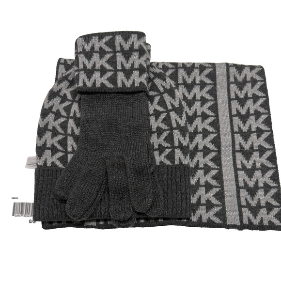 Michael Kors Scarf Hat Gloves 3 Piece Set Womens Gray Metallic MK Logo NWT - Picture 1 of 4